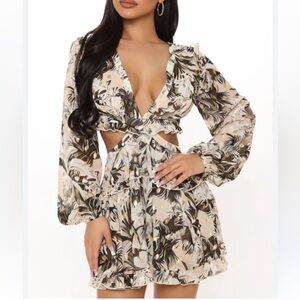 Fashion Nova Beige Floral Long Sleeve Dress